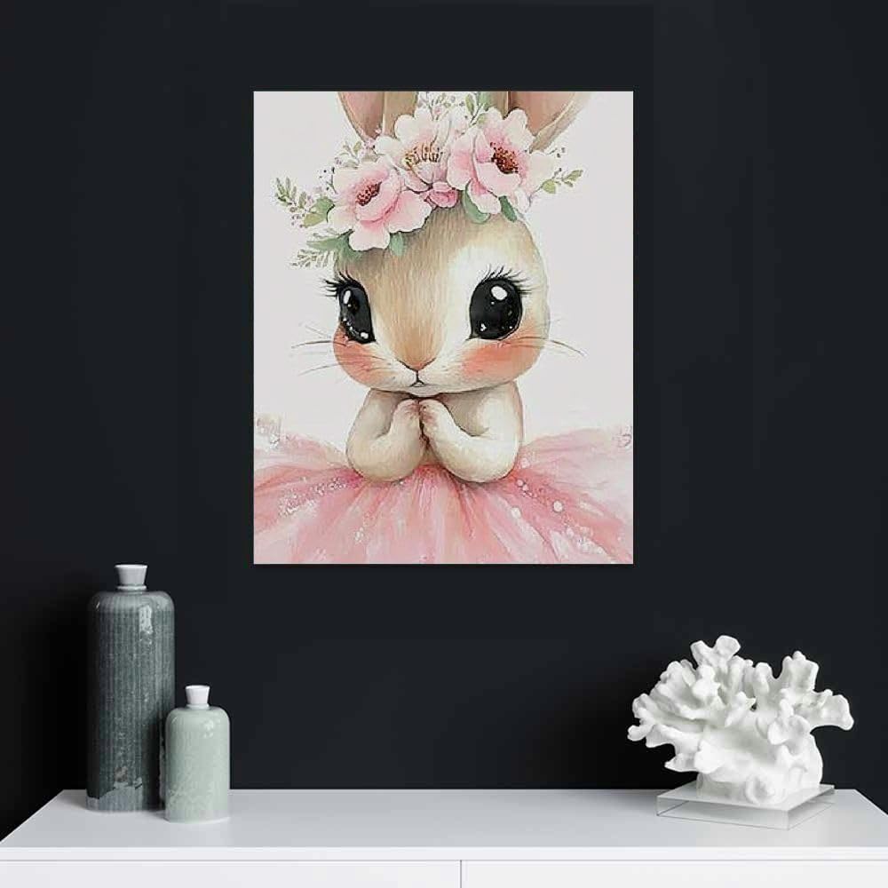 Cute Bunny Wall Art – Floral Crown Princess Style Canvas Print for Kids’ Room, Nursery, or Home Décor