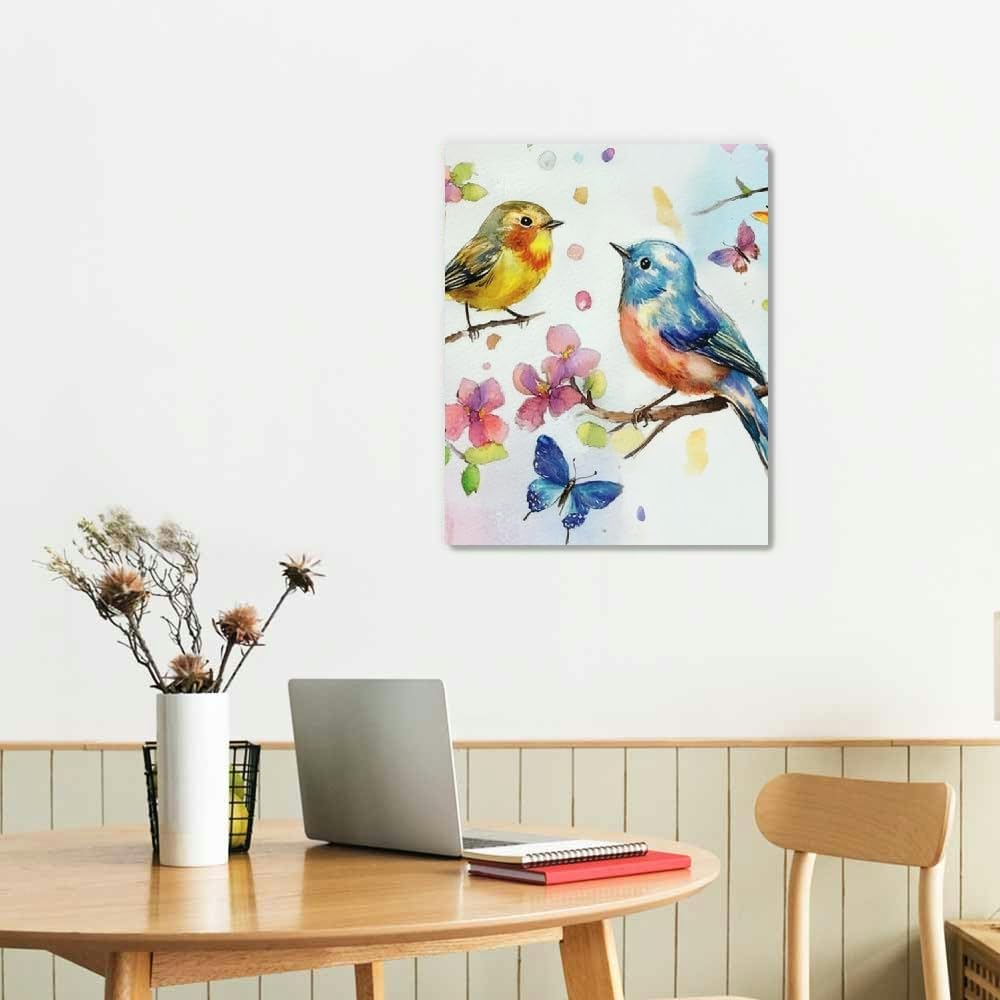 Watercolor Birds and Flowers Wall Art – Canvas Painting with Butterflies for Living Room, Bedroom & Home Décor