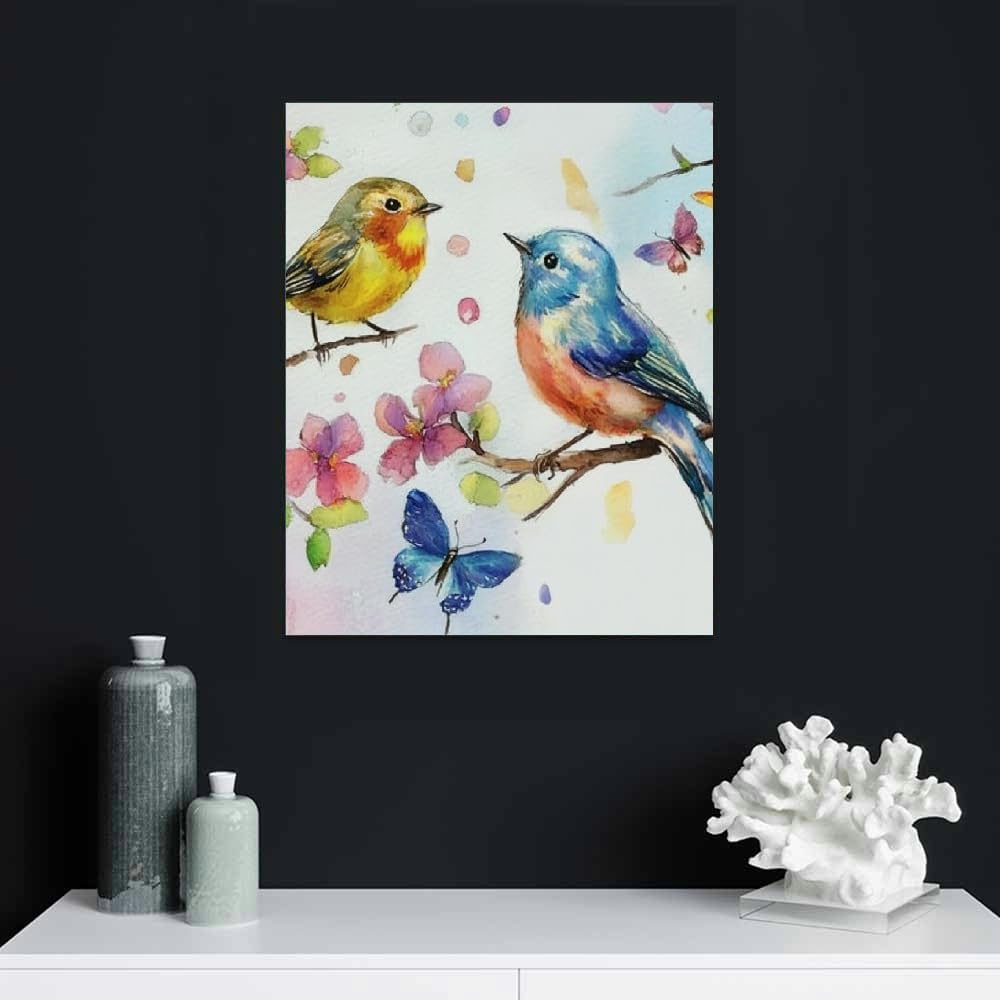 Watercolor Birds and Flowers Wall Art – Canvas Painting with Butterflies for Living Room, Bedroom & Home Décor