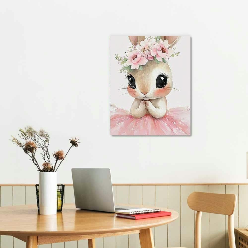 Cute Bunny Wall Art – Floral Crown Princess Style Canvas Print for Kids’ Room, Nursery, or Home Décor