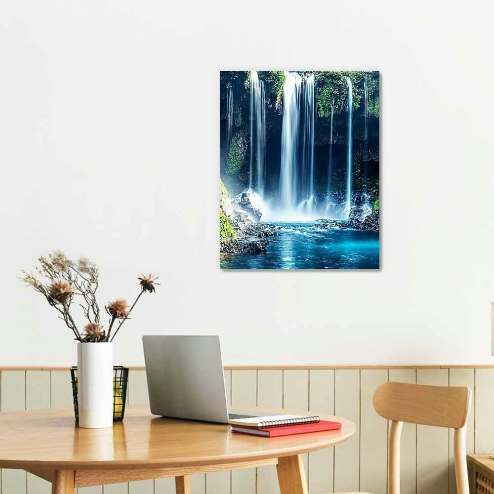 Waterfall Nature Wall Art  – Scenic Blue Landscape Canvas Painting for Living Room, Bedroom & Office Décor