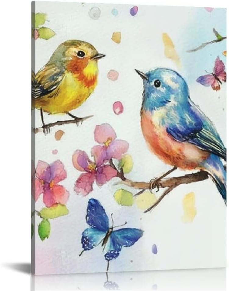 Watercolor Birds and Flowers Wall Art – Canvas Painting with Butterflies for Living Room, Bedroom & Home Décor