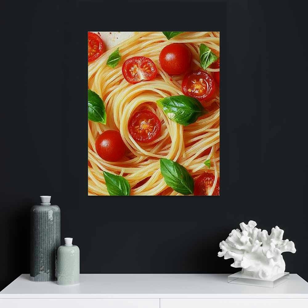 Italian Pasta Canvas Wall Art – Tomato & Basil Food Print Decorative Painting for Kitchen, Dining Room & Café