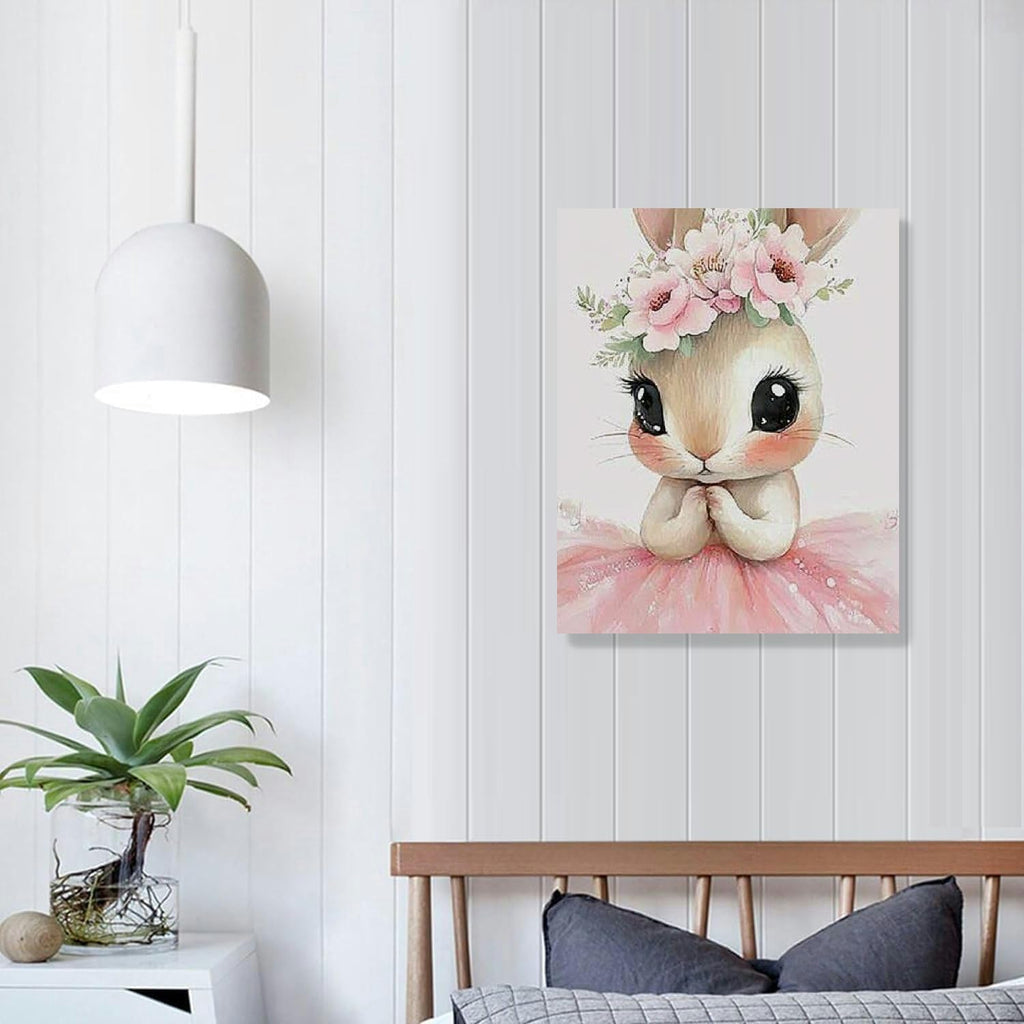 Cute Bunny Wall Art – Floral Crown Princess Style Canvas Print for Kids’ Room, Nursery, or Home Décor