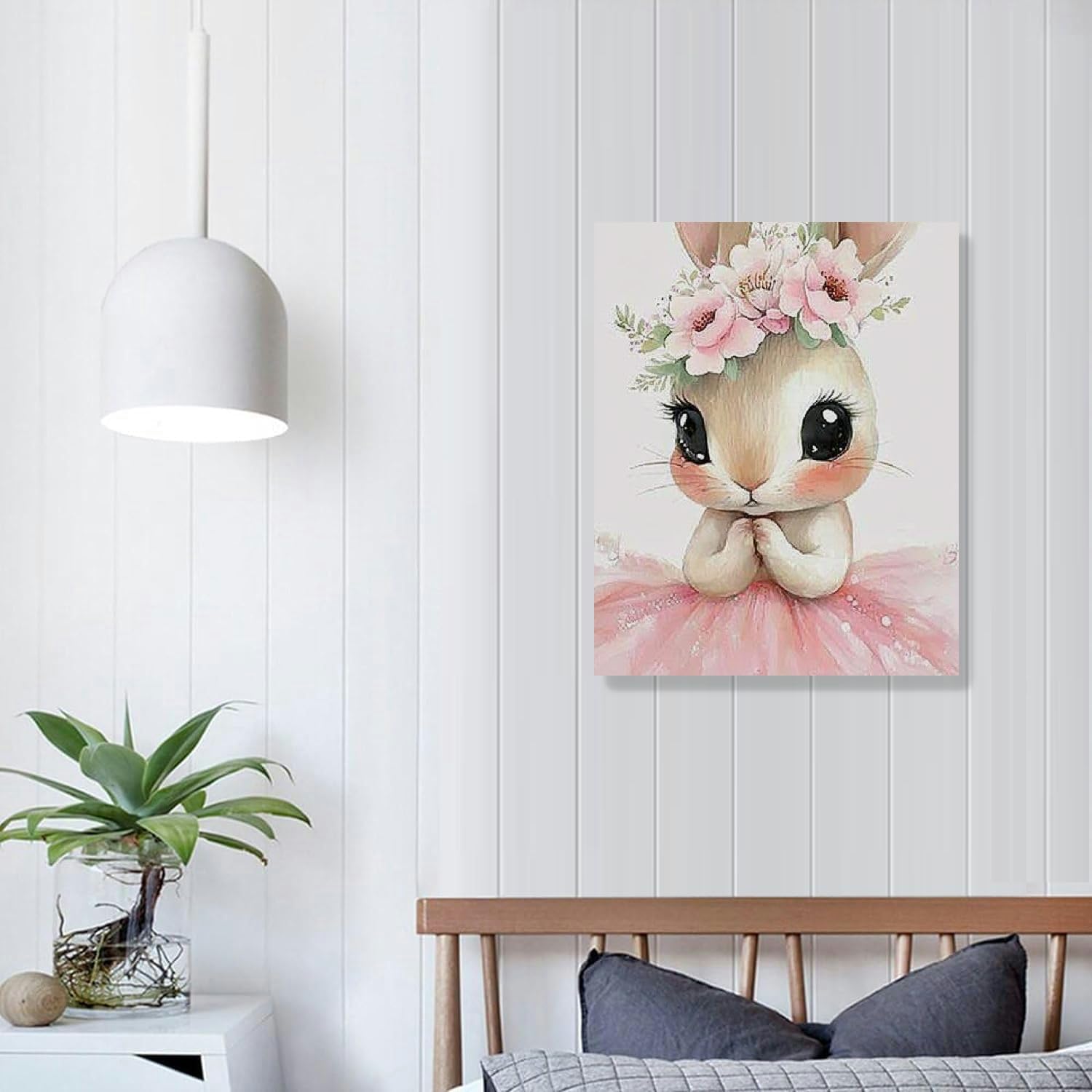 Cute Bunny Wall Art – Floral Crown Princess Style Canvas Print for Kids’ Room, Nursery, or Home Décor
