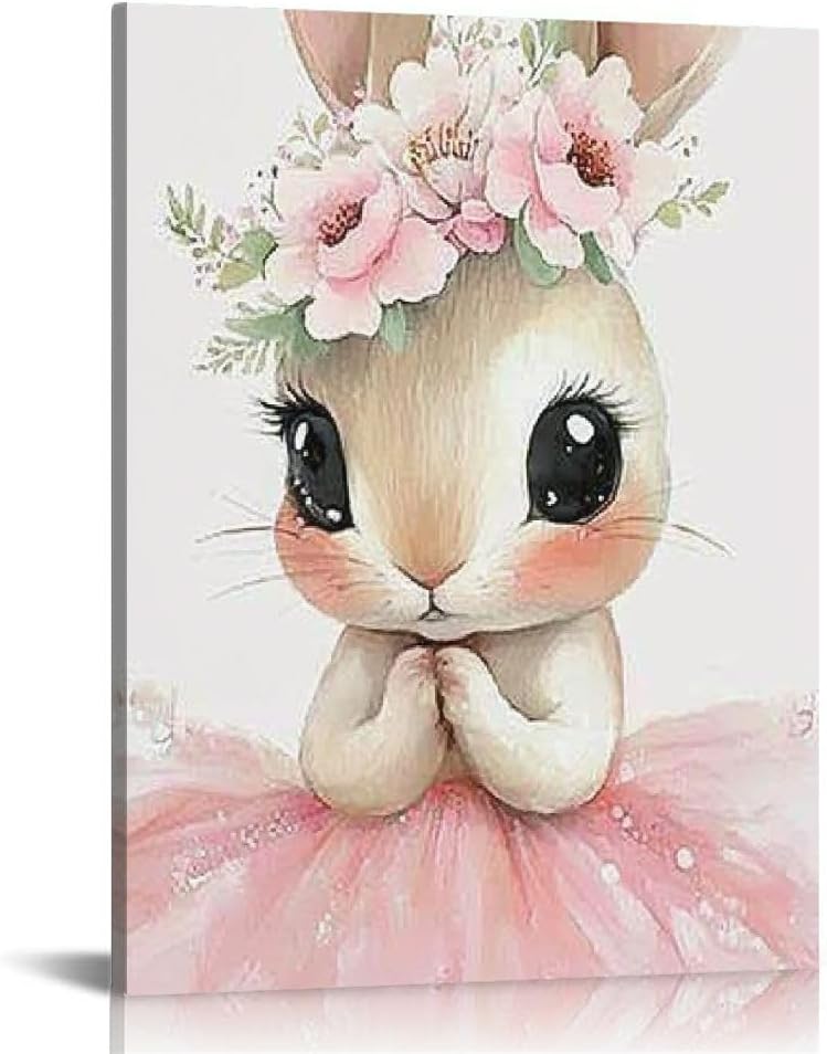 Cute Bunny Wall Art – Floral Crown Princess Style Canvas Print for Kids’ Room, Nursery, or Home Décor