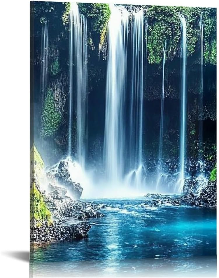 Waterfall Nature Wall Art  – Scenic Blue Landscape Canvas Painting for Living Room, Bedroom & Office Décor