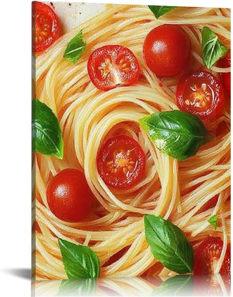Italian Pasta Canvas Wall Art – Tomato & Basil Food Print Decorative Painting for Kitchen, Dining Room & Café