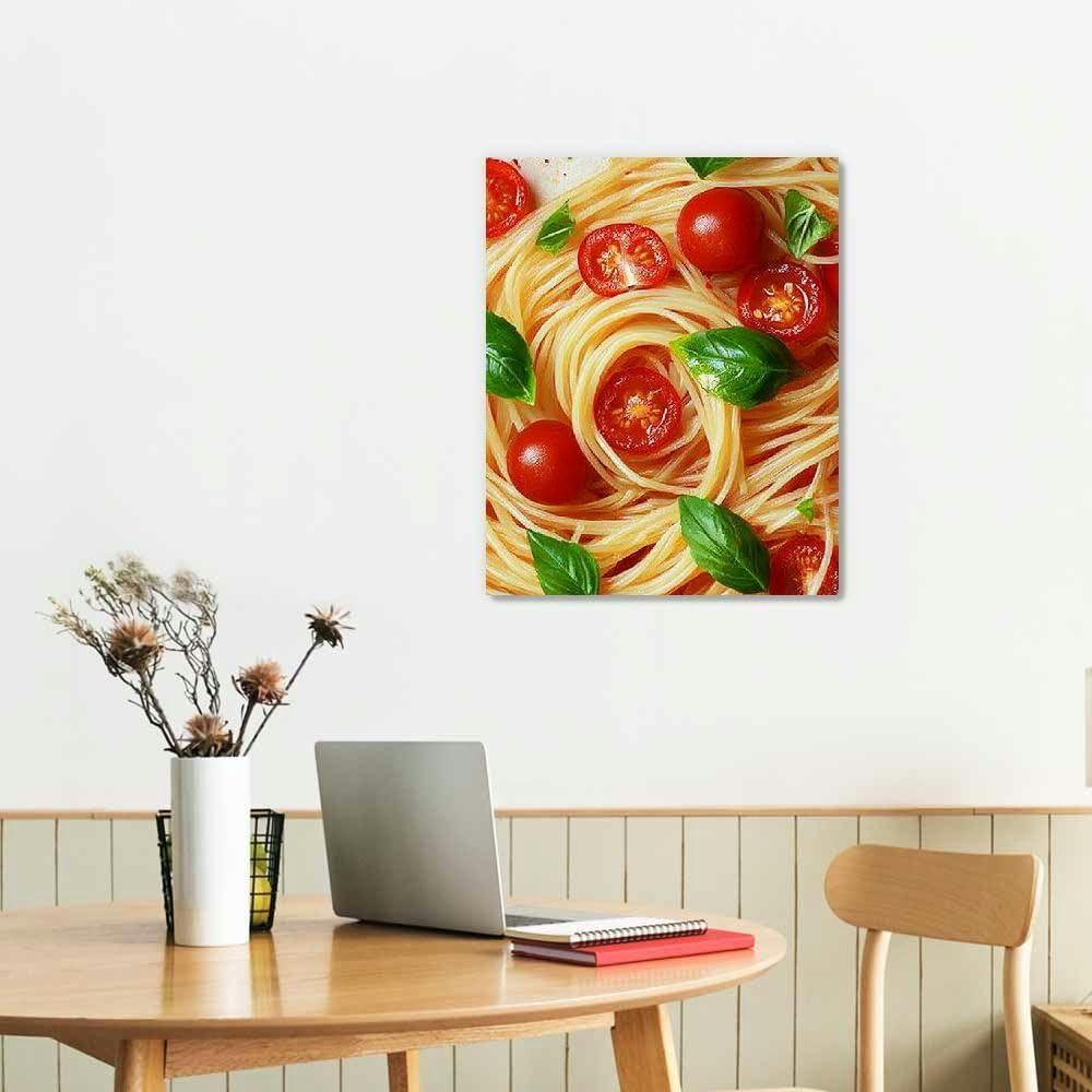 Italian Pasta Canvas Wall Art – Tomato & Basil Food Print Decorative Painting for Kitchen, Dining Room & Café