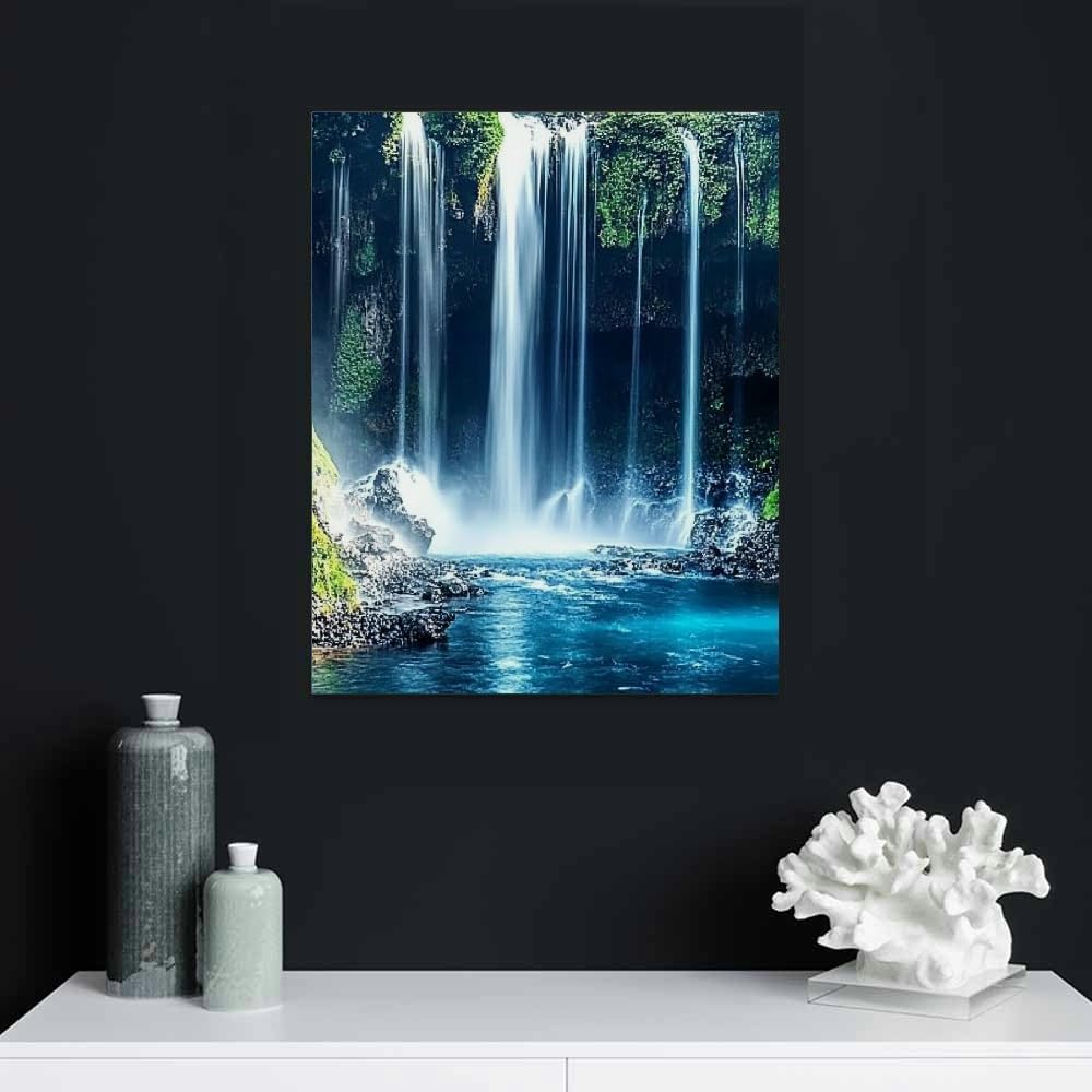 Waterfall Nature Wall Art  – Scenic Blue Landscape Canvas Painting for Living Room, Bedroom & Office Décor