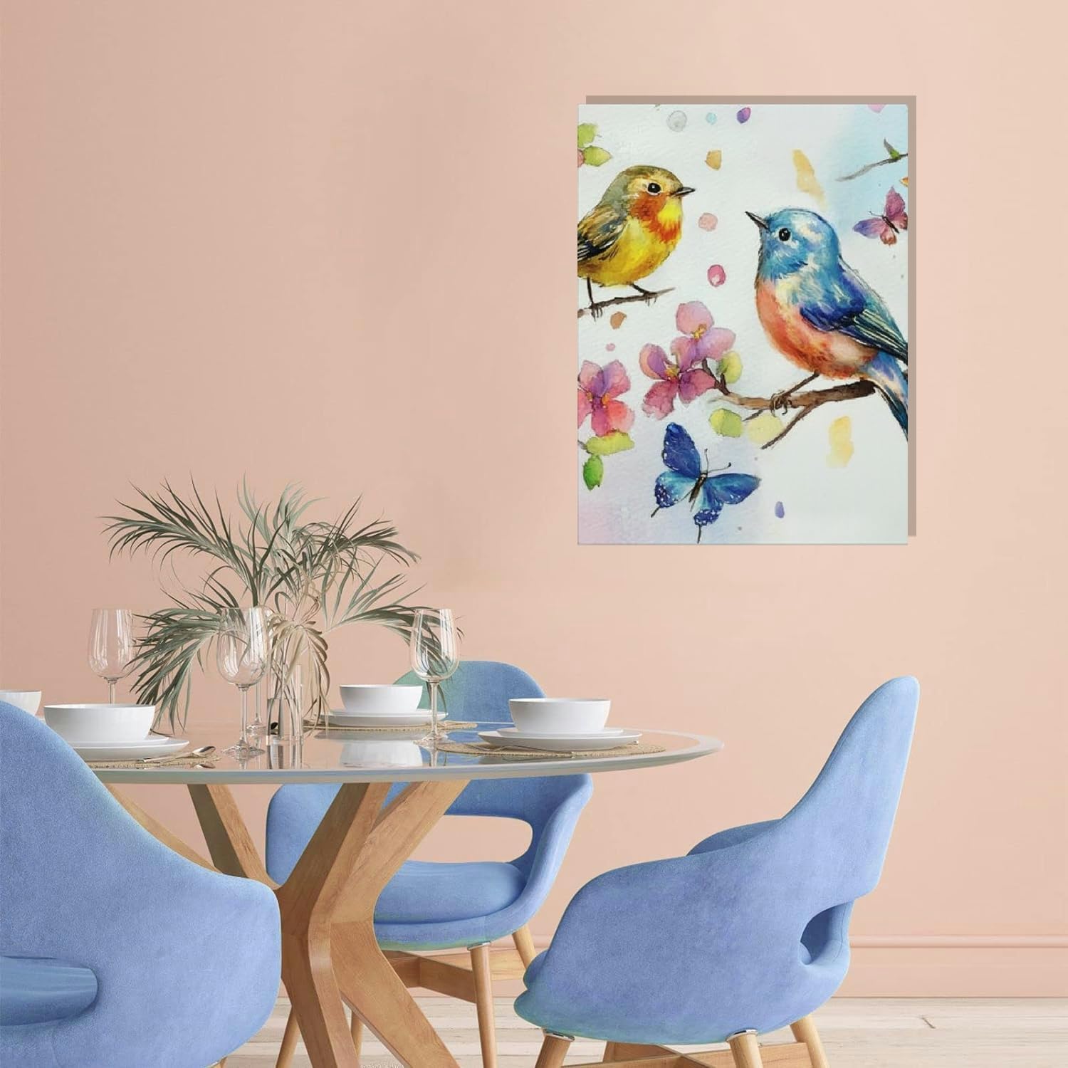 Watercolor Birds and Flowers Wall Art – Canvas Painting with Butterflies for Living Room, Bedroom & Home Décor