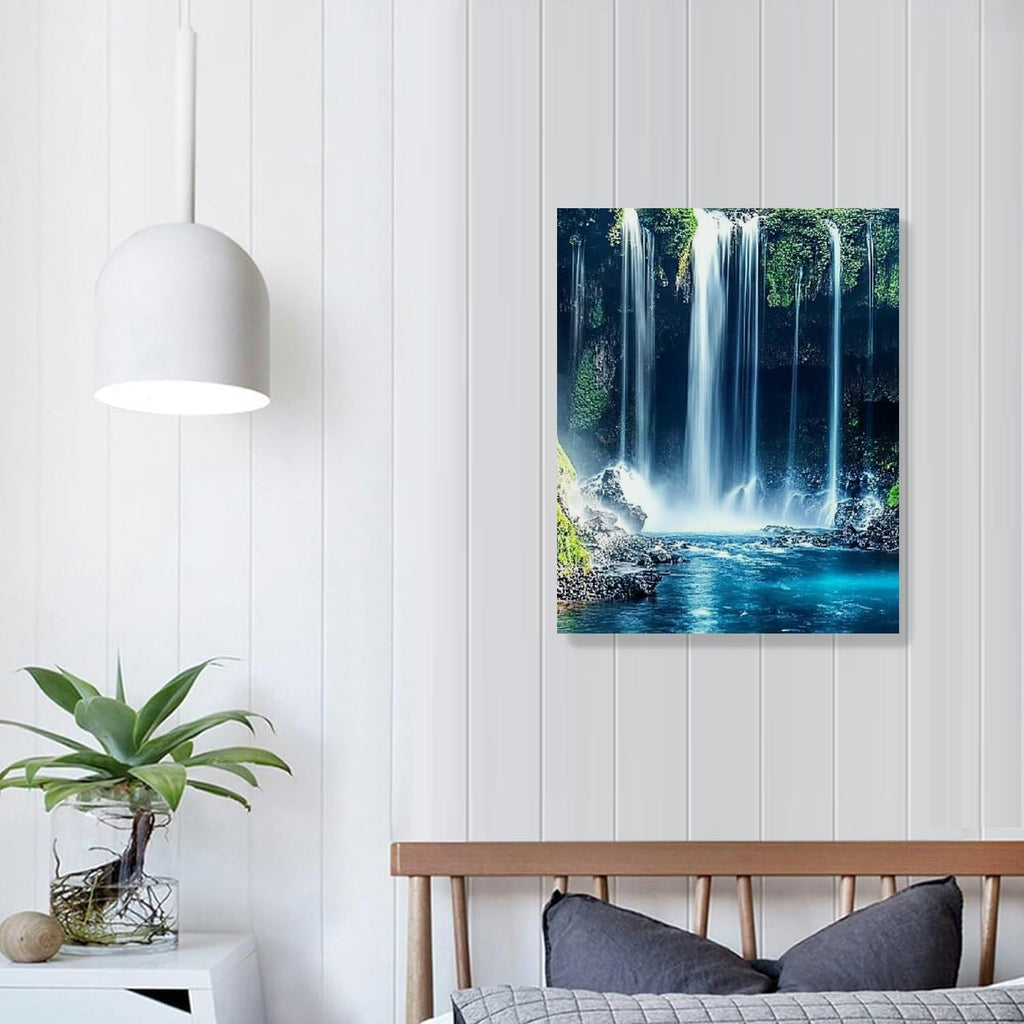 Waterfall Nature Wall Art  – Scenic Blue Landscape Canvas Painting for Living Room, Bedroom & Office Décor