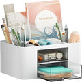 Pen Organizer with 2 Drawer, Multi-Functional Pencil Holder for Desk, Desk Organizers and Accessories with 5 Compartments + Drawer for Office Art Supplies (White)