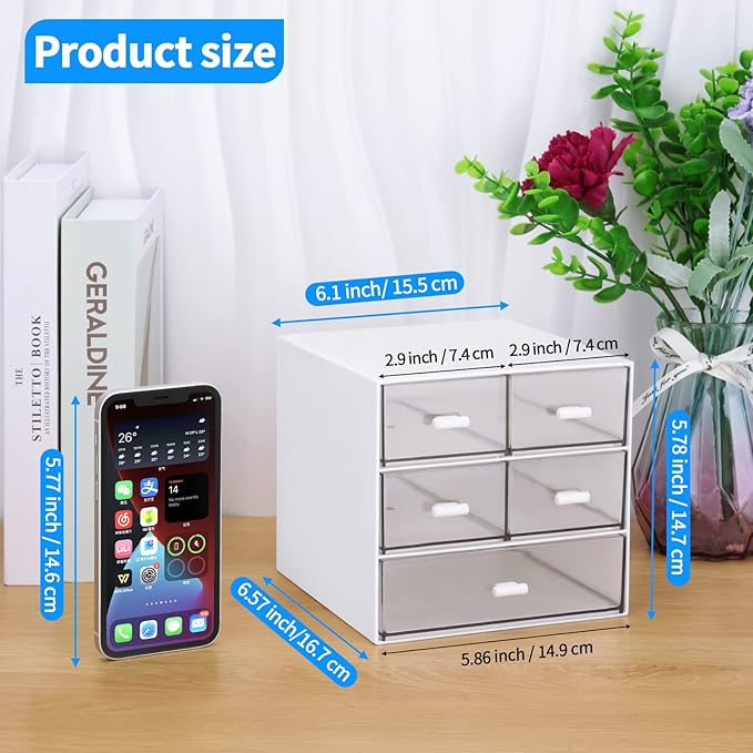 Desk Organizer with 5 Drawers, Rectangular Office Stationery Supplies Desktop Drawers, Plastic Makeup Storage, Suitable for Office, School, Home (White & 5 Drawers)