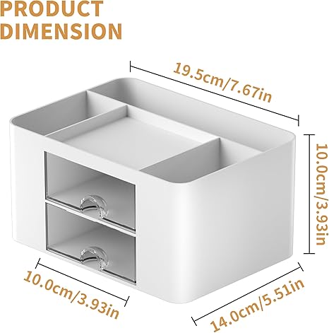 Pen Organizer with 2 Drawer, Multi-Functional Pencil Holder for Desk, Desk Organizers and Accessories with 5 Compartments + Drawer for Office Art Supplies (White)