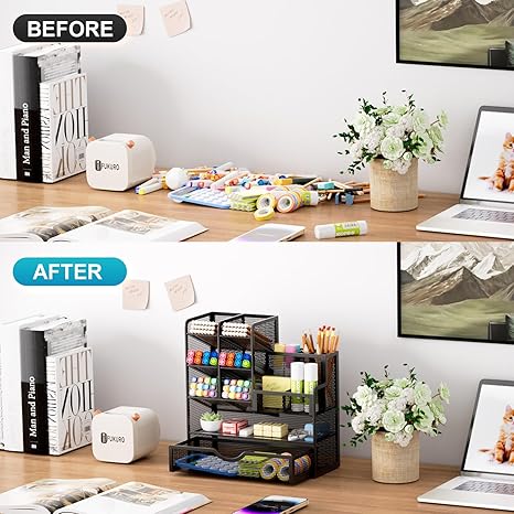 Mesh Pen Holder for Desk, Multi-Functional Pencil Organizer with Drawer, Desk Organizers and Accessories for Office Art Supplies (Black)