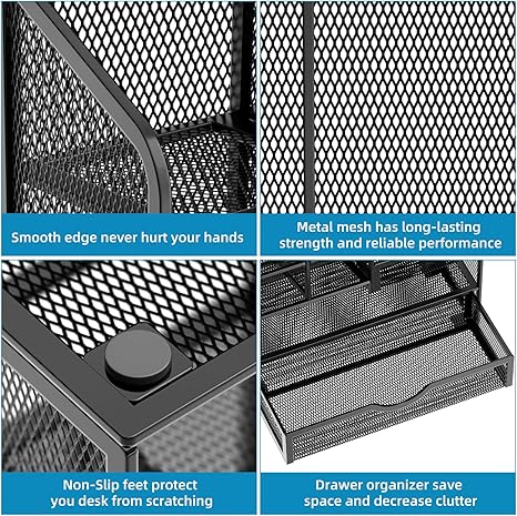 Mesh Pen Holder for Desk, Multi-Functional Pencil Organizer with Drawer, Desk Organizers and Accessories for Office Art Supplies (Black)
