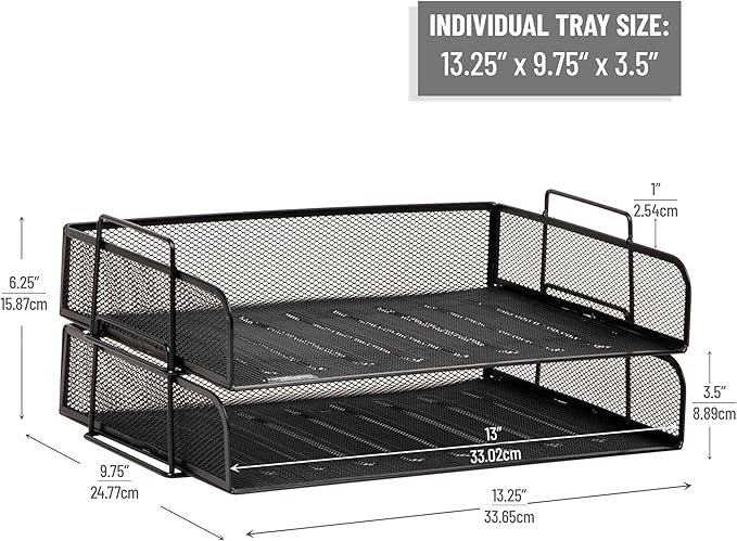 Stackable file trays, desktop organizer, document storage rack, office supplies, metal mesh construction, dimensions: 13.25 inches (L) x 9.75 inches (W) x 6.25 inches (H), 2-pack, black