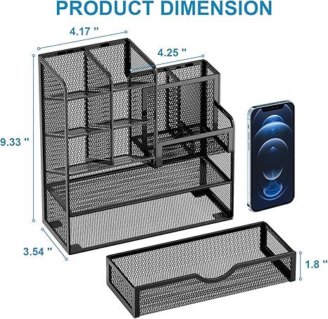 Mesh Pen Holder for Desk, Multi-Functional Pencil Organizer with Drawer, Desk Organizers and Accessories for Office Art Supplies (Black)