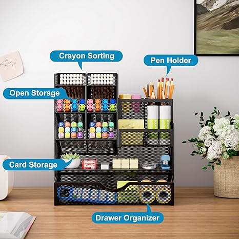 Mesh Pen Holder for Desk, Multi-Functional Pencil Organizer with Drawer, Desk Organizers and Accessories for Office Art Supplies (Black)