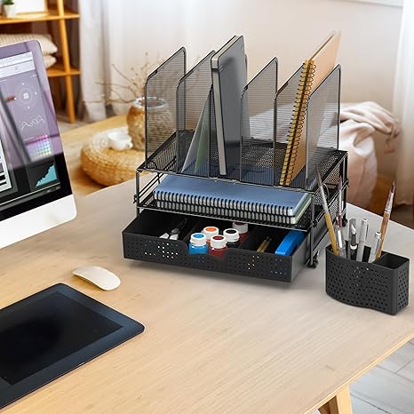 Mesh desktop organizer with sliding drawer, double-layer tray, and 5 vertical compartments, black.