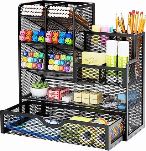 Mesh Pen Holder for Desk, Multi-Functional Pencil Organizer with Drawer, Desk Organizers and Accessories for Office Art Supplies (Black)