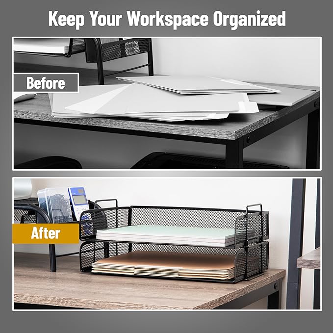 Stackable file trays, desktop organizer, document storage rack, office supplies, metal mesh construction, dimensions: 13.25 inches (L) x 9.75 inches (W) x 6.25 inches (H), 2-pack, black