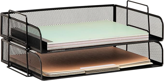 Stackable file trays, desktop organizer, document storage rack, office supplies, metal mesh construction, dimensions: 13.25 inches (L) x 9.75 inches (W) x 6.25 inches (H), 2-pack, black