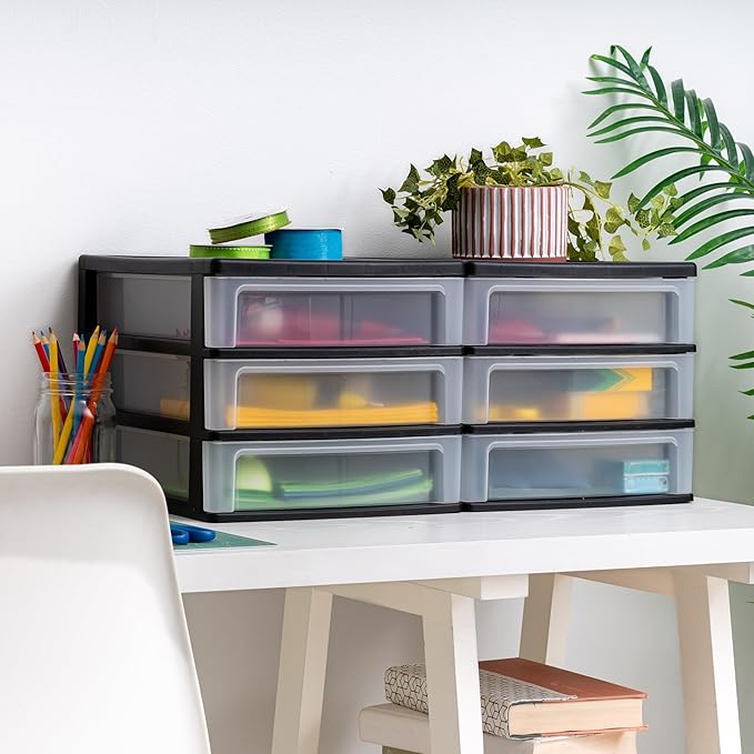 Stackable three-tier desktop storage drawers, 2-pack, suitable for organizing small items in various places such as dressing tables, for nail polish, bathrooms, stationery, art supplies, kitchens, offices, garages, etc.  Medium size, black.