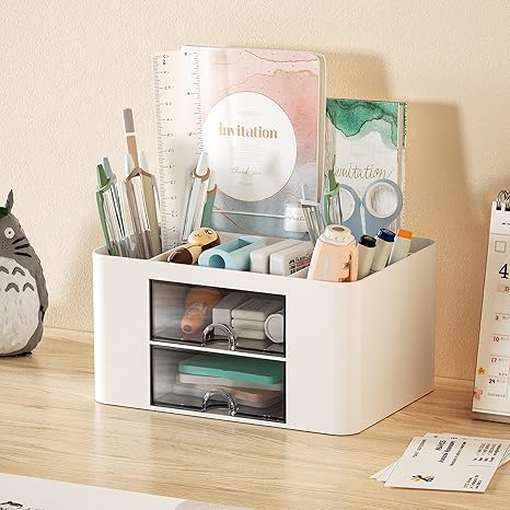 Pen Organizer with 2 Drawer, Multi-Functional Pencil Holder for Desk, Desk Organizers and Accessories with 5 Compartments + Drawer for Office Art Supplies (White)
