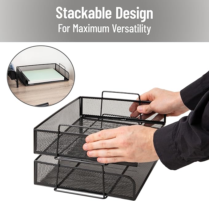 Stackable file trays, desktop organizer, document storage rack, office supplies, metal mesh construction, dimensions: 13.25 inches (L) x 9.75 inches (W) x 6.25 inches (H), 2-pack, black