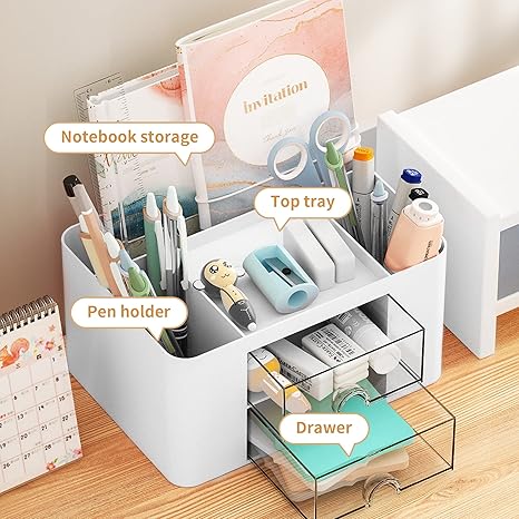 Pen Organizer with 2 Drawer, Multi-Functional Pencil Holder for Desk, Desk Organizers and Accessories with 5 Compartments + Drawer for Office Art Supplies (White)