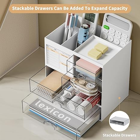 Desk Organizer with 3 Drawer, Multi-Functional Pencil Pen Holder for Desk, Desk Organizers and Storage with 8 Compartments, Desktop Organizer for Office Home Art Supplies (White)