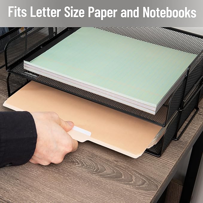 Stackable file trays, desktop organizer, document storage rack, office supplies, metal mesh construction, dimensions: 13.25 inches (L) x 9.75 inches (W) x 6.25 inches (H), 2-pack, black