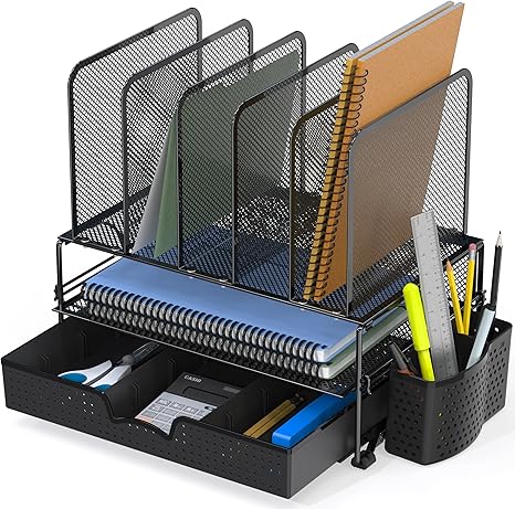 Mesh desktop organizer with sliding drawer, double-layer tray, and 5 vertical compartments, black.