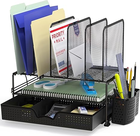 Mesh desktop organizer with sliding drawer, double-layer tray, and 5 vertical compartments, black.